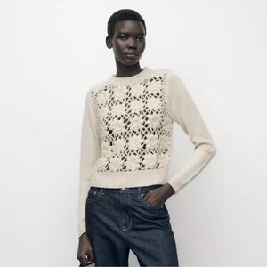 NWT Zara Woman Floral COMBINED CROCHET KNIT SWEATER Size M Medium